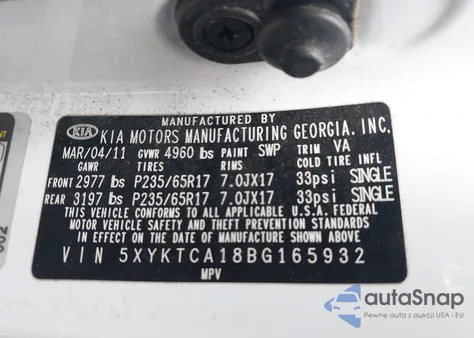 2011 Kia Sorento Lx from USA, damaged, VIN 5XYKTCA18BG165932